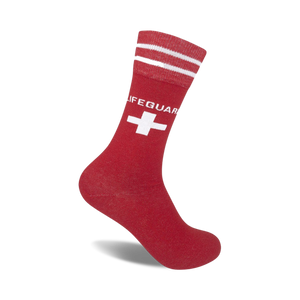 Red crew socks with white stripes and a white lifeguard cross.  'Lifeguard' is written above the cross.