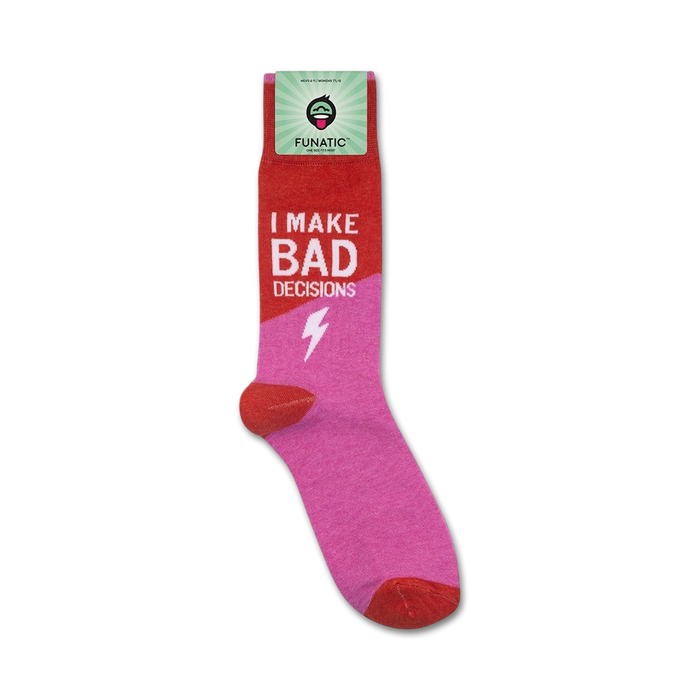 Product shot of 'I Make Bad Decisions' socks on a white background, showcasing the packaging.