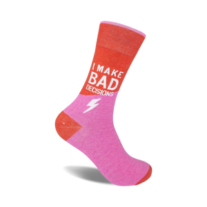 Coral and pink crew socks featuring the text 'I MAKE BAD DECISIONS' and a lightning bolt graphic.