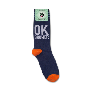 A close-up view of the 'OK Boomer' socks on a white background with packaging.