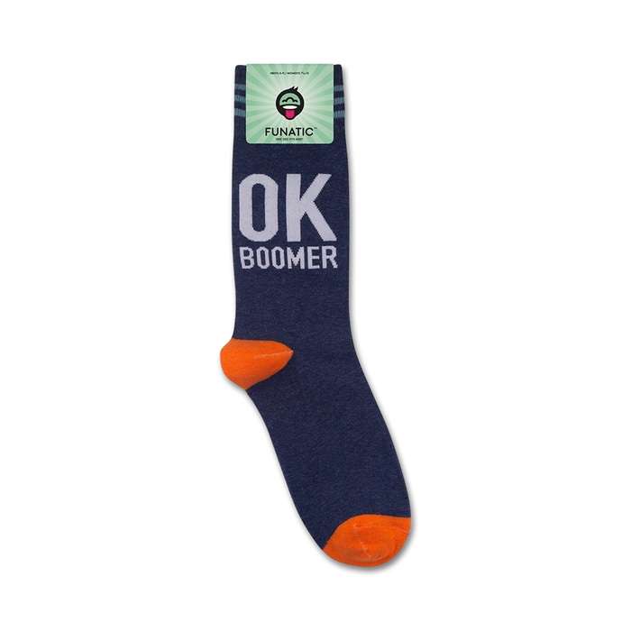 A close-up view of the 'OK Boomer' socks on a white background with packaging.