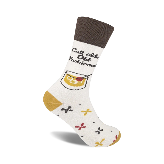 Cream crew socks with a brown cuff, featuring an illustration of an Old Fashioned cocktail and small mustard and red x's. }}