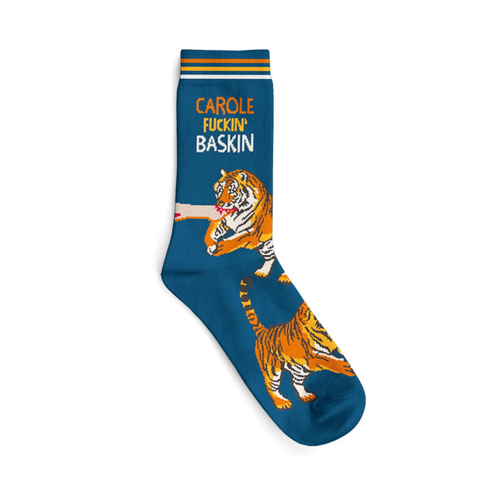 Crew socks in teal featuring orange tigers and the phrase 'Carole Fuckin' Baskin'. }}