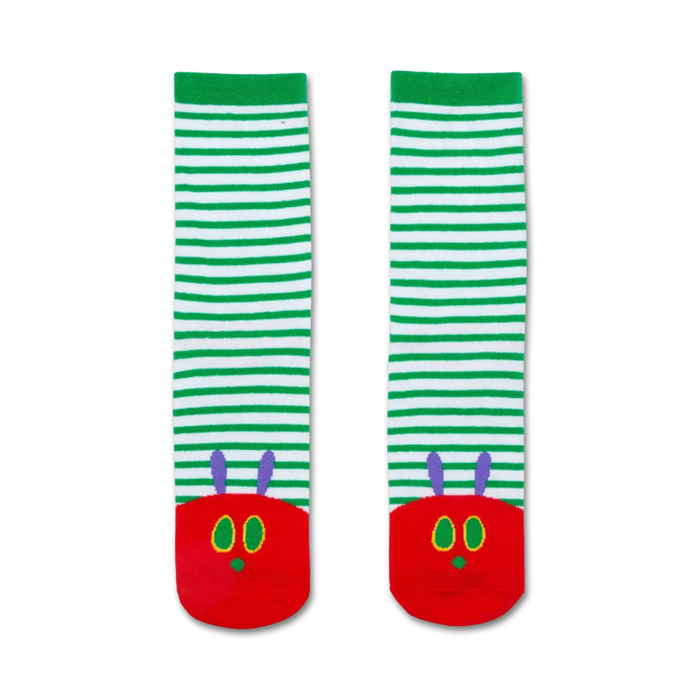 Pair of children's crew socks. Green and white stripes with a red Very Hungry Caterpillar face on each toe. }}