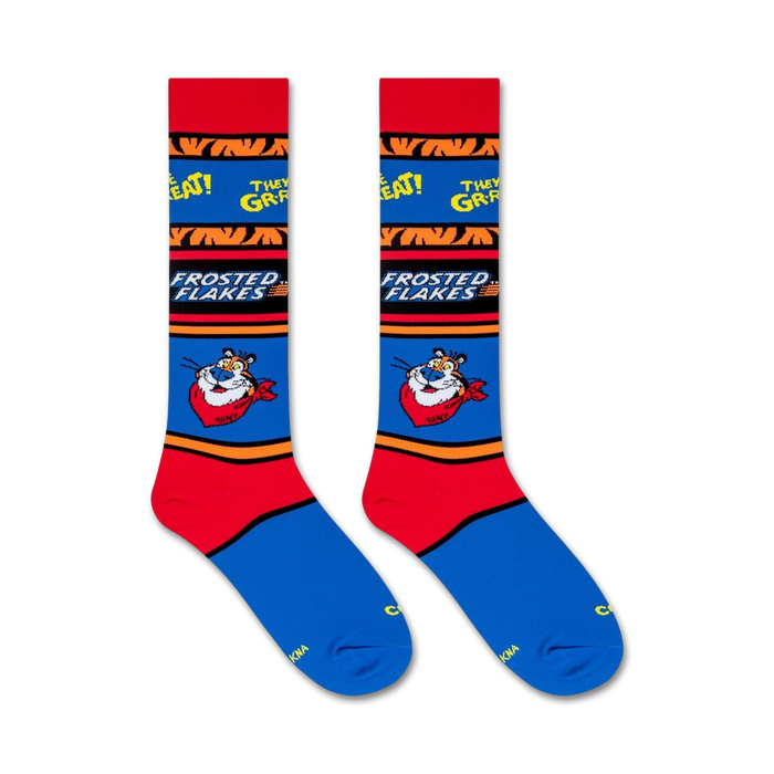 A pair of red and blue socks with the Frosted Flakes logo, which includes a picture of Tony the Tiger, on the front.