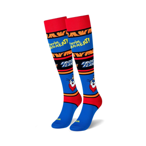 tony the tiger frosted flakes knee-high socks in blue with red and yellow stripes.  