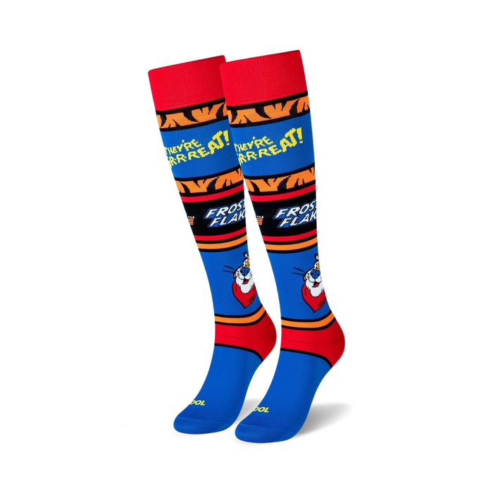 tony the tiger frosted flakes knee-high socks in blue with red and yellow stripes.  