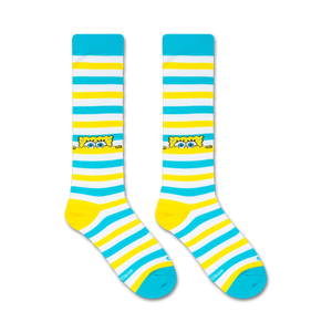 A pair of blue and yellow striped socks with a picture of Spongebob Squarepants on each sock.