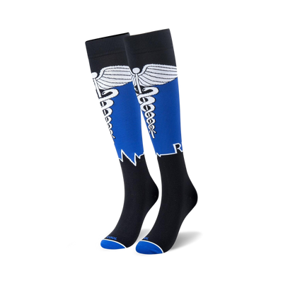 Pair of black and royal blue knee-high socks. Features a caduceus medical symbol and 'RN' logo.