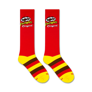 A pair of red socks with yellow and brown stripes at the top and brown toes and heels. The word Pringles and the Pringles mascot are on the front of each sock in brown and yellow.