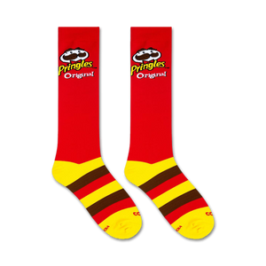 Flat lay of two Pringles-themed knee-high socks on a white background.