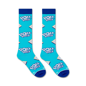 A pair of blue socks with a pattern of Pop-Tarts, a brand of toaster pastries.