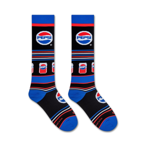 A pair of black socks with a red, white, and blue Pepsi logo and a repeating pattern of Pepsi cans on a blue background.