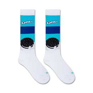 Flatlay product shot of a pair of Oreo compression socks on a white background.