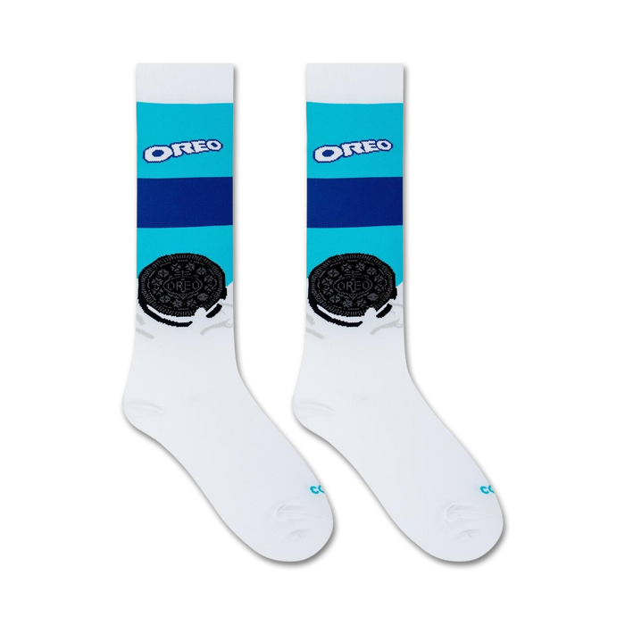 Flatlay product shot of a pair of Oreo compression socks on a white background.