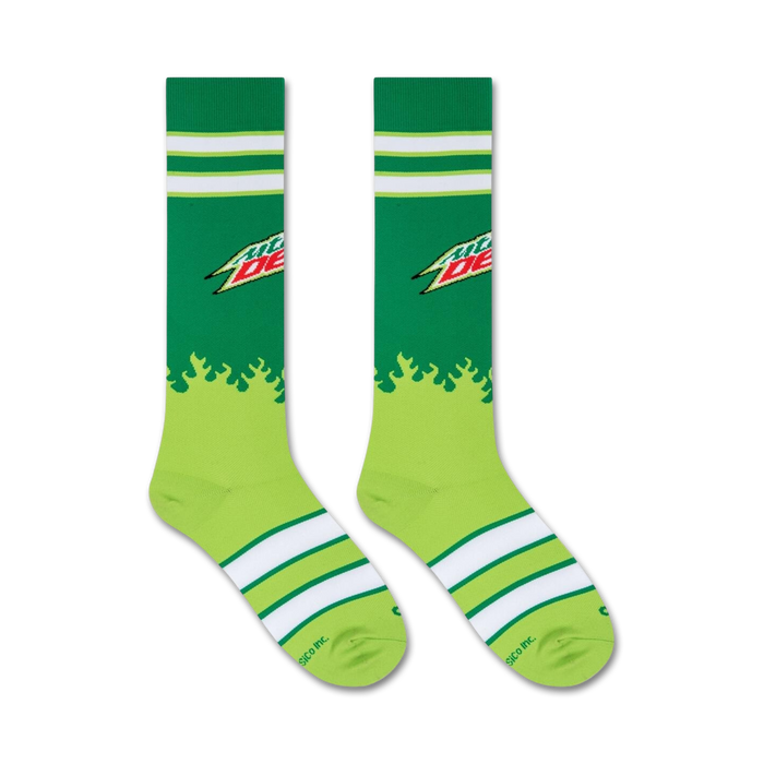 A pair of green socks with white stripes and a Mountain Dew logo on each sock.