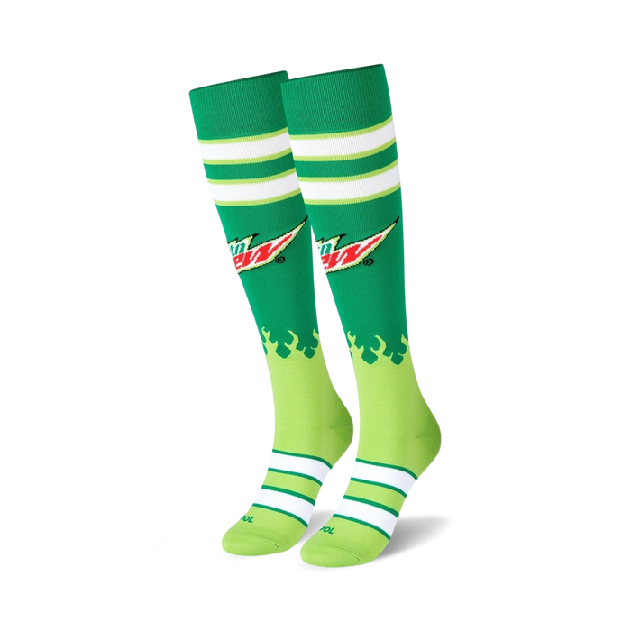 green and white knee-high mountain dew socks with flaming logo.   