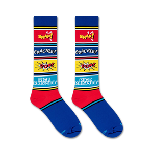 A pair of blue socks with red and yellow stripes at the top and red toes and heels. The word 