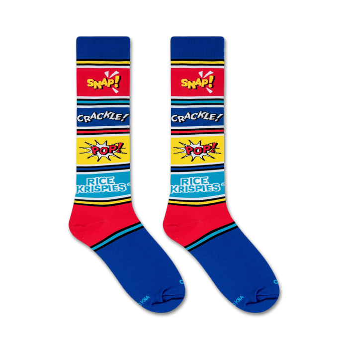 A pair of blue socks with red and yellow stripes at the top and red toes and heels. The word 
