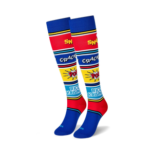 rice krispies knee-high socks with red and yellow stripes, red toe and heel, and white, red, and yellow speech bubbles with 