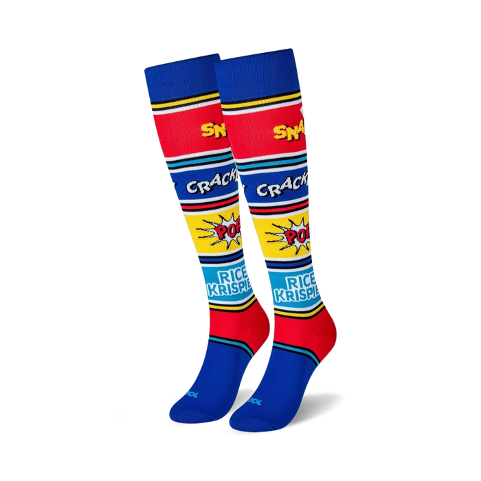 rice krispies knee-high socks with red and yellow stripes, red toe and heel, and white, red, and yellow speech bubbles with 