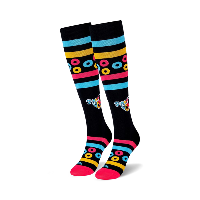 black knee-high socks with colorful rings and characters from froot loops cereal brand and blue, yellow, and pink stripes at the top.   