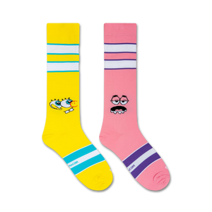 A pair of yellow and pink socks. The yellow sock features a graphic of SpongeBob SquarePants, and the pink sock features a graphic of Patrick Star.