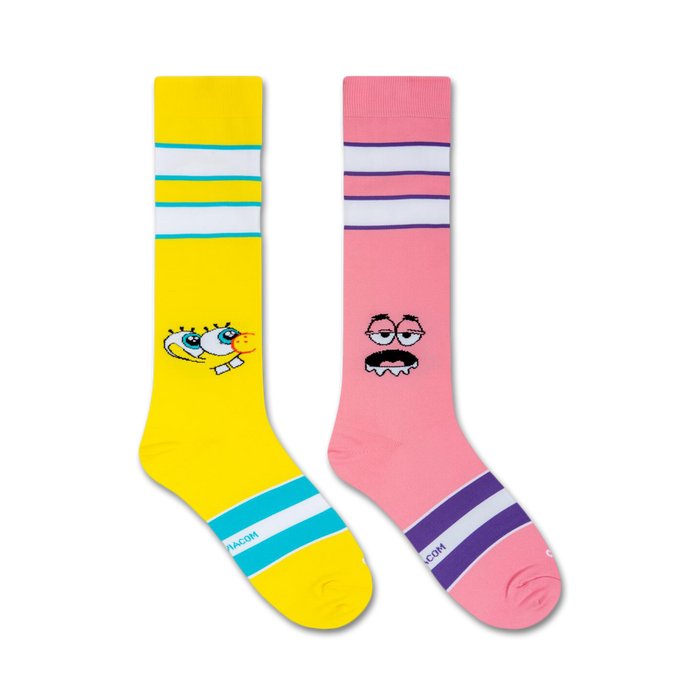 A pair of yellow and pink socks. The yellow sock features a graphic of SpongeBob SquarePants, and the pink sock features a graphic of Patrick Star.