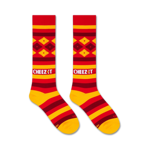 A pair of red and yellow socks with a Cheetos logo on the side.