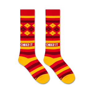 Flatlay product shot of two Cheez-It-themed knee-high socks.