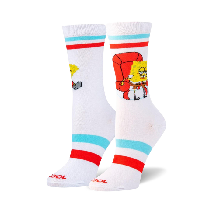 Pair of white crew socks with red and teal stripes. Spongebob Squarepants is featured lounging in a red armchair with a remote.