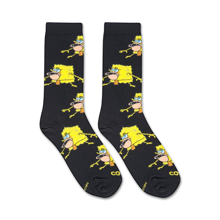 A flatlay image showcasing a pair of Spongebob Prehistoric Bob socks on a white background. The socks are black with yellow Spongebob designs.