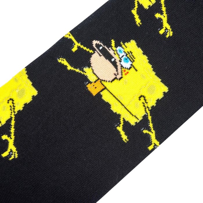 Close-up detail shot highlighting the vibrant yellow and black colors of the Spongebob design on the socks.