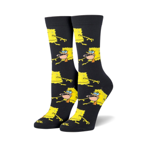 Pair of black crew socks featuring a repeating pattern of yellow Spongebob Squarepants in a prehistoric pose.