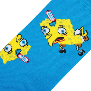 Close-up detail shot of the Spongebob Chicken Bob sock design, highlighting the funny facial expressions.