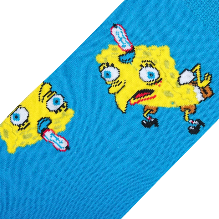 Close-up detail shot of the Spongebob Chicken Bob sock design, highlighting the funny facial expressions.