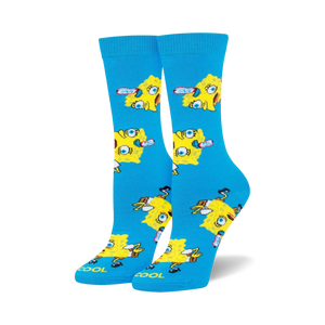 Pair of crew socks, bright blue with repeating pattern of SpongeBob Squarepants meme faces in yellow.