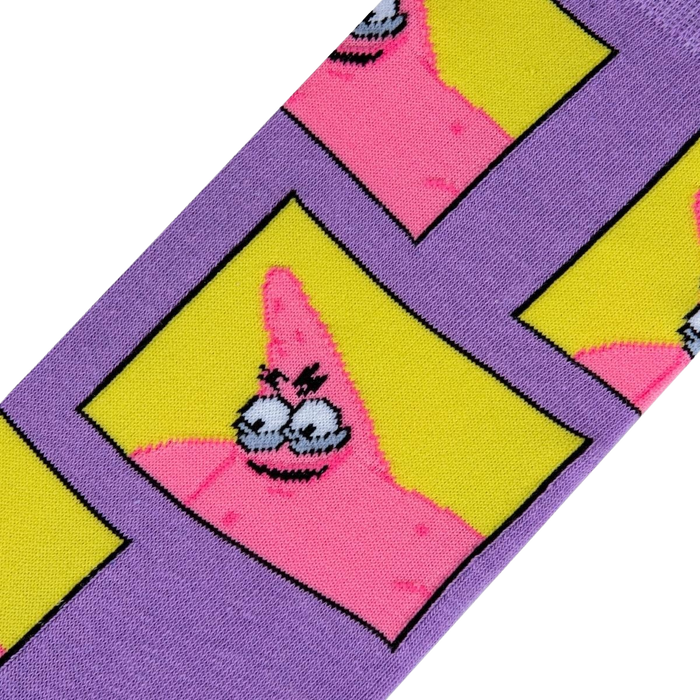Close-up detail shot highlighting the quirky design of Patrick Star's face within yellow squares on the purple sock.