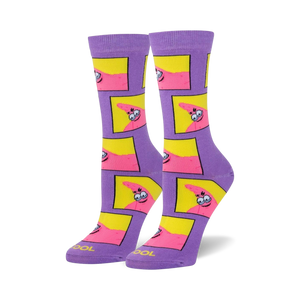Pair of crew socks in purple with repeating yellow squares featuring Patrick Star's face with a mischievous grin.