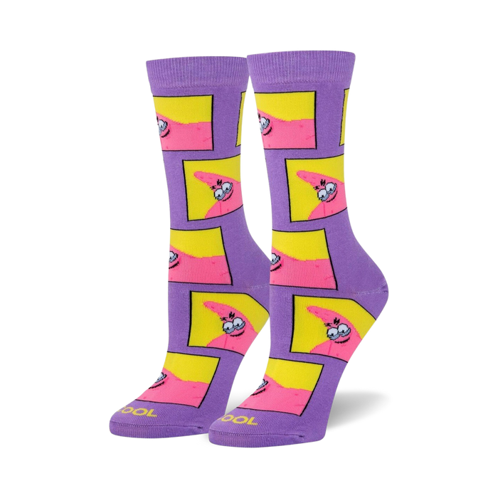 Pair of crew socks in purple with repeating yellow squares featuring Patrick Star's face with a mischievous grin.