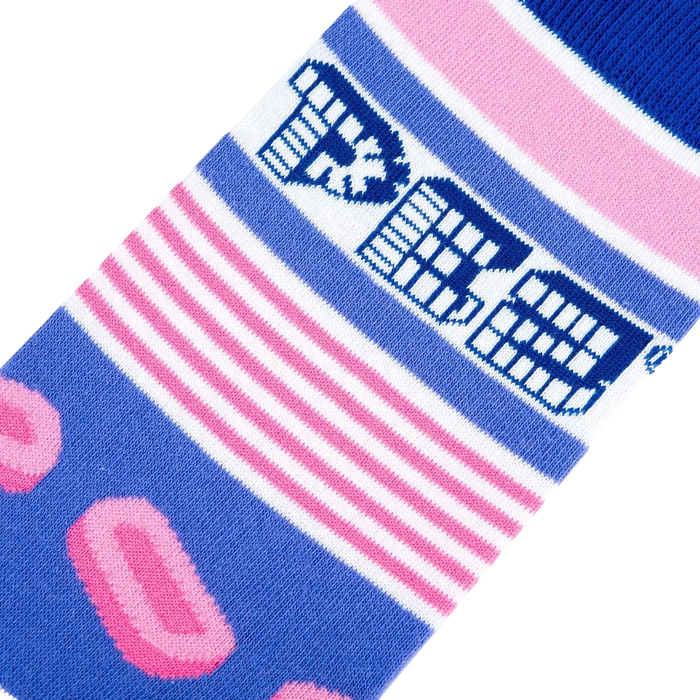 Close-up detail shot of the Pez Stripe sock fabric, highlighting the color stripes and Pez candy design.