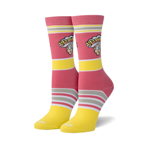 Pair of women's crew socks in pink and yellow stripes. The socks feature a retro Warheads logo with cartoon character.