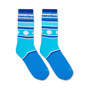 A blue sock with white polka dots and the word 
