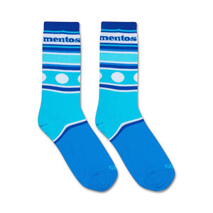 Flatlay image showcasing a pair of Mentos Stripes socks.  The full sock design is visible against a white background.