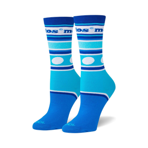 blue and white striped women's crew socks with mentos logo.  