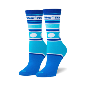 Pair of Mentos Stripes crew socks in shades of blue and white. Features horizontal stripes, white polka dots, and the Mentos logo.