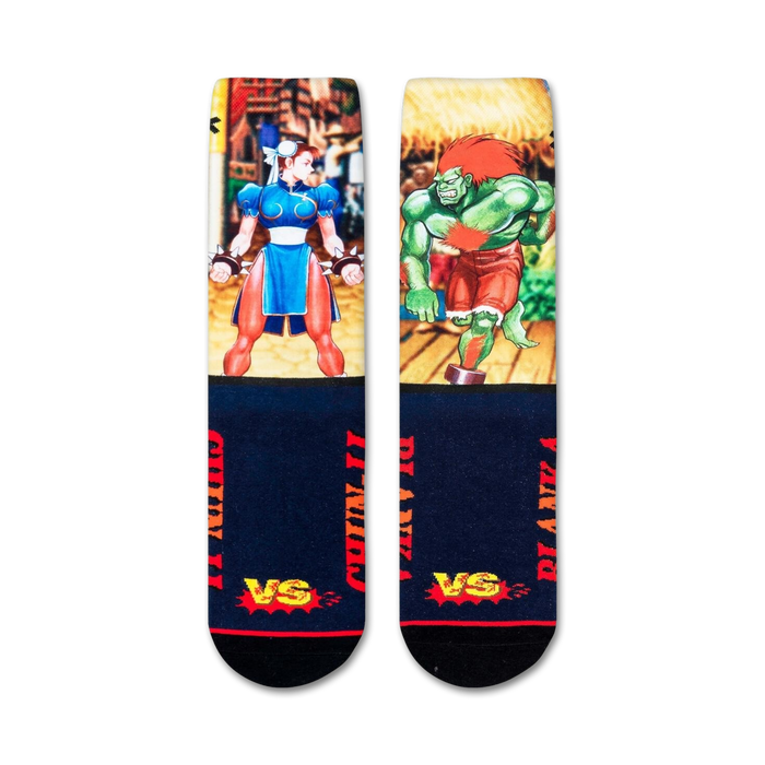 Flatlay showcasing the Street Fighter Chun-Li vs. Blanka crew socks, highlighting the full design.