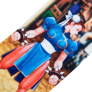 Close-up detail shot of Chun-Li's illustration on the Street Fighter themed socks.