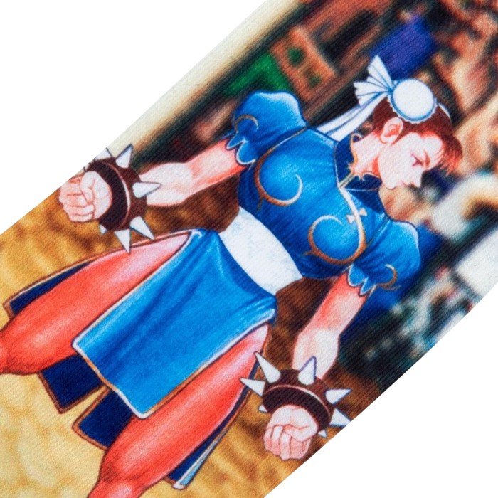 Close-up detail shot of Chun-Li's illustration on the Street Fighter themed socks.