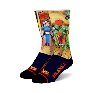 Crew socks featuring Chun-Li and Blanka from Street Fighter.  Blue, red, and green pixel art designs on a navy blue background.